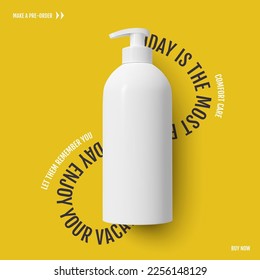 Cosmetic plastic white bottle with dispenser on a yellow background. Photorealistic concept vector graphics eps