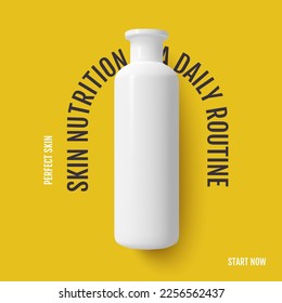 Cosmetic plastic white bottle shampoo on a yellow background. Photorealistic concept vector graphics template eps