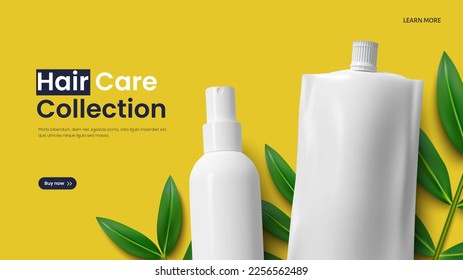 Cosmetic plastic white spray bottles with a soft shampoo package, green plant stem for the beauty and health of hair. Photorealistic vector illustration product promotion design template eps