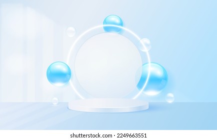 Cosmetic podium display with transparent disc and bubble, glow curve line. Stage pedestal platform. Ads cosmetics beauty skincare product. Studio blue realistic 3d luxury minimal style. Vector design.