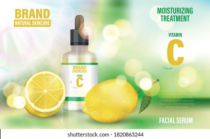 Cosmetic poster ad. Realistic glass jar serum on bokeh background with vitamin C and lemon. Face skin care banner. Realistic 3d illustration.