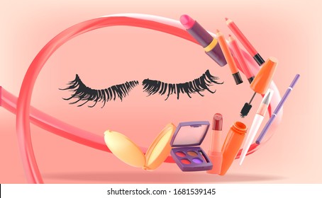 Cosmetic poster for banner with eyelash surrounded by cosmetic product on pink background.