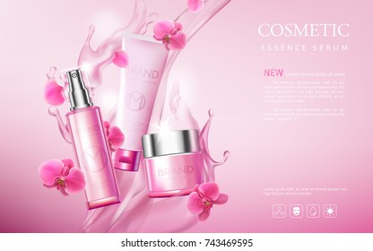 Cosmetic poster premium products, pink background with beautiful bottle and watery texture. Vector 3d illustration