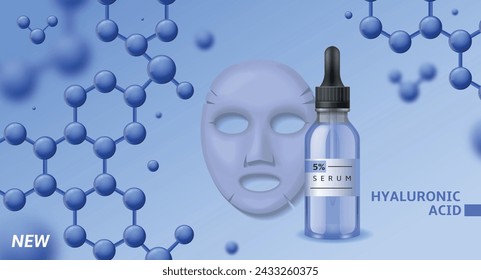 Cosmetic poster. Realistic skincare beauty smoothing product. Mask and serum glass bottle with hyaluronic acid. Advertising banner, cleansing essence presentation. Skin care vector concept