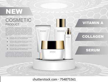 Cosmetic poster, skin care set on futuristic podium template