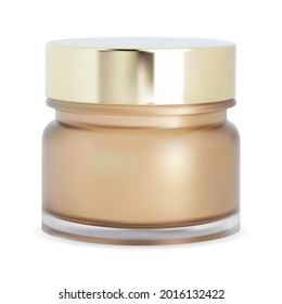 Cosmetic powder jar. Face cream bottle, mackeup box. Glossy glass realistic jar with gold glossy metal lid. Body scrub tube, round creme bottle