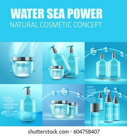 Cosmetic power. Vector illustration, realistic template with glass bottles with water for your projects