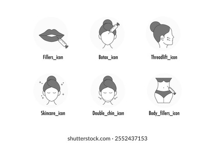 Cosmetic Procedure Icons - Fillers, Botox, Threadlift, Skincare, Double Chin, Body Fillers - Vector Icons