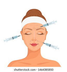 Cosmetic procedure of neurotoxin injection. Facial injections against wrinkles and aging. Beauty treatments. Vector illustration in cartoon style.