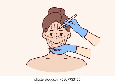 Cosmetic procedure for woman who wants to eliminate wrinkles or lifting problem areas. Doctor hands near millennial girl face during cosmetic procedure and preparation for skin lifting