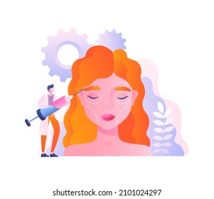 Cosmetic procedures and derma fillers. Man with syringe injects drug into girl. Beauty and taking care of your health. Antiaging treatments, client and doctor. Cartoon flat vector illustration