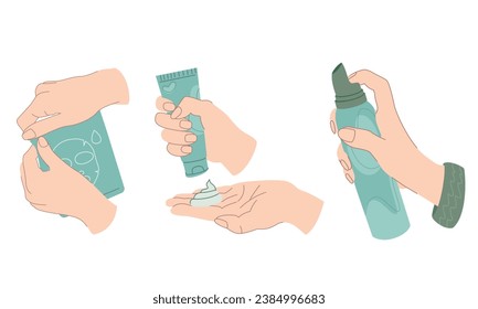 Cosmetic procedures. Hands squeeze out cream, hands open facial mask, hands squeeze out hair foam. Vector illustration in cartoon style.