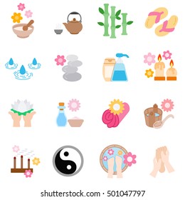 Cosmetic procedures, icons set. Spa icon, flat design. Wellness treatments, physiotherapy, symbols collection. Aromatic oil and water treatments. relaxing holiday, isolated vector illustration