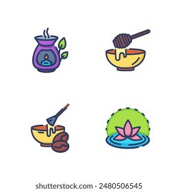 Cosmetic procedures line icon set. Honey and coffee masks for face and body, aromatherapy lamp. Zen and relaxing concept. Vector illustration for web design and apps