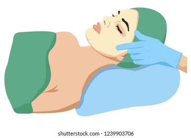 Cosmetic procedures. Cosmetic mask on the face of a woman. Cosmetic procedures in the clinic. Healthcare instruction. Vector illustration.