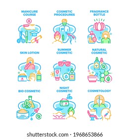 Cosmetic Procedures Set Icons Vector Illustrations. Manicure Course And Cosmetology Occupation In Beauty Salon, Fragrance Bottle And Skin Lotion, Summer Natural And Bio Cosmetic Color Illustrations