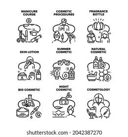 Cosmetic Procedures Set Icons Vector Illustrations. Manicure Course And Cosmetology Occupation In Beauty Salon, Fragrance Bottle And Skin Lotion, Summer Natural And Bio Cosmetic Black Illustration