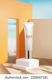 Cosmetic product ad with Arched door and sandy beach . Makeup products brand. 3D illustration