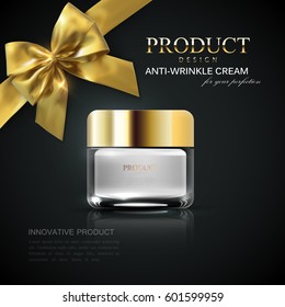 Cosmetic product ad. Cosmetics package design. Vector illustration. Moisturizing facial cream glass jar isolated on black reflective background with golden bow and ribbon. Beauty package mock-up