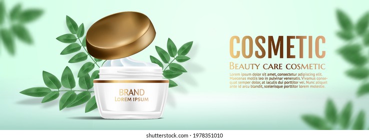 Cosmetic product ad template. Ads jar of white color with a golden crish for moisturizing cream with leaves on a light green turquoise background in 3d illustration. Promoting vip luxury promo poster.