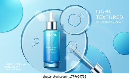 Cosmetic product ad with transparent circle disks, concept of light textured and moisturizing face serum, 3d illustration