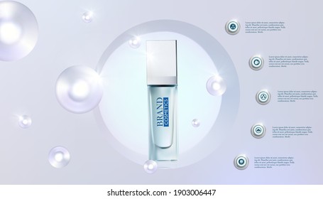 Cosmetic product ad with transparent circle disks.Sphere Silver, advertising background.3D vector illustration.