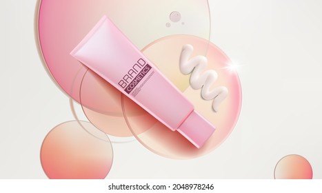 Cosmetic product ad with transparent circle disks . Mockup 3D illustration . Realistic vector illustration . 