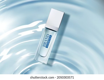 Cosmetic product ad with water waves background . top view . Mockup 3D illustration . Realistic vector illustration . 