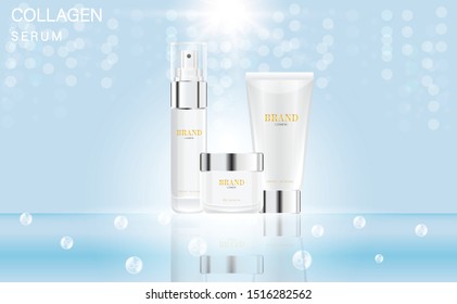 cosmetic product ads display concept template with beautiful blue bokeh background