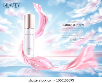 Cosmetic product ads, essence bottle with flying pink chiffon in 3d illustration, natural lighting sky and lake background