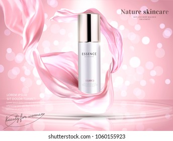 Cosmetic product ads, essence bottle with flying pink chiffon in 3d illustration, pink glowing bokeh background