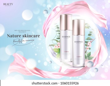 Cosmetic product ads, essence bottles with floral and plants in bubbles and flying pink chiffon in 3d illustration, glittering bokeh background Cosmetic product ads, essence bottles with floral and plants in bubbles and flying pink chiffon in 3d illustration, glittering bokeh background
