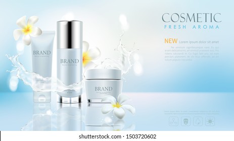 Cosmetic product ads on blue clear background with splash water and plumeria in vector illustration