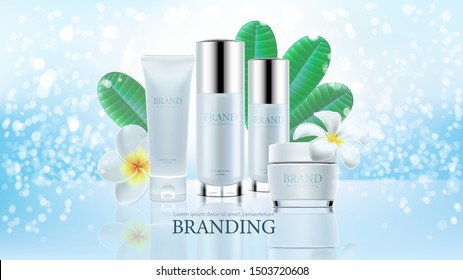 Cosmetic product ads on blue clear background with leave and plumeria in vector illustration