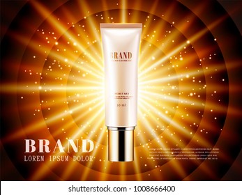 Cosmetic product ads, plastic tube package isolated on bright flash light background in 3d illustration