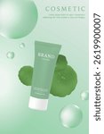 Cosmetic product ads template on green background with bubble and Centella Asiatica.
