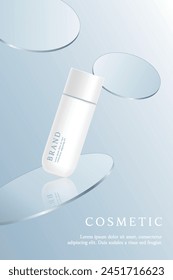 Cosmetic product ads template on blue background with glass plate.