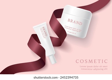 Cosmetic product ads template on pink background with red ribbon.