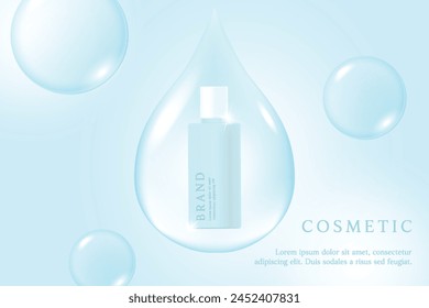 Cosmetic product ads template on blue background with water drop.