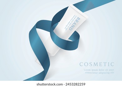 Cosmetic product ads template on white background with blue ribbon.