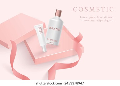 Cosmetic product ads template on pink background with gift box ribbon.