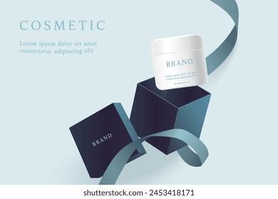 Cosmetic product ads template on blue background with gift box ribbon.