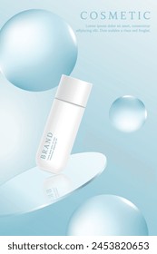 Cosmetic product ads template on blue background with water drop.