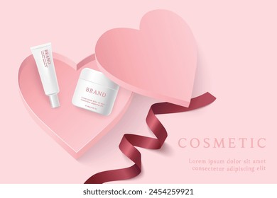 Cosmetic product ads template on pink background with heart shape gift box and ribbon.