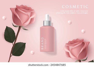 Kosmetische Produkt-Anzeigen Vorlage auf rosa Hintergrund mit Rose und Perle.