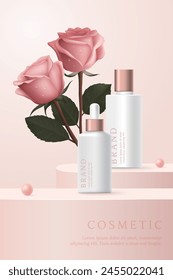 Cosmetic product ads template on pink background with rose and pearl.