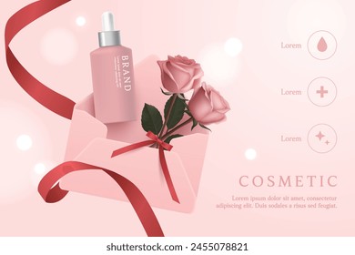 Cosmetic product ads template on pink background with rose and letter.