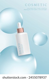 Cosmetic product ads template on blue background with water drop.