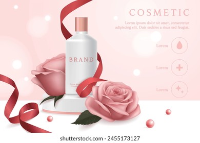 Cosmetic product ads template on pink background with rose and pearl.