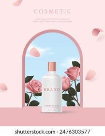 Cosmetic product ads template on pink arch background with rose.